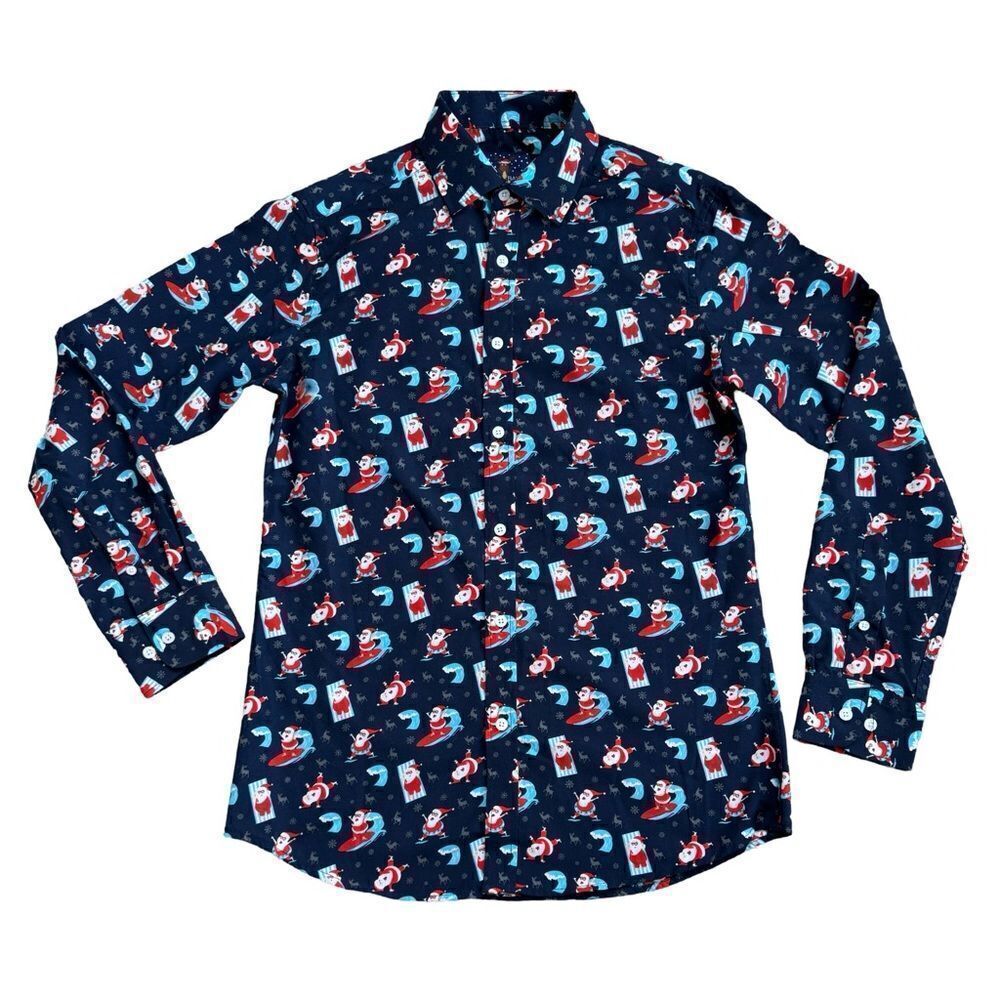 Simon Banks Christmas Holiday Santa Button Up Mens Long Sleeve Shirt Size SM NWT